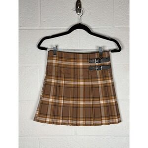 Plaid Mini Skirt Brown Mustard Check Pleated Buckle Strap Y2K Prep juniors small